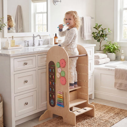 4-in-1 Kids Learning Tower | Chalkboard Slide & Natural Wood