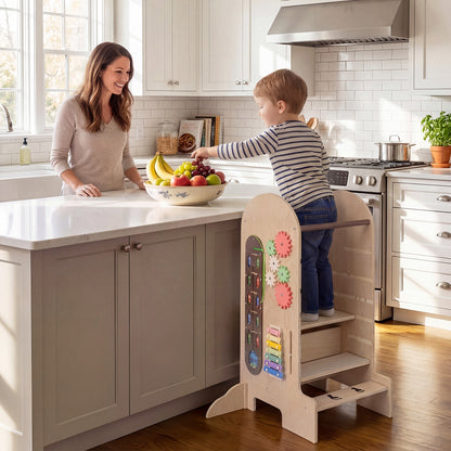 4-in-1 Kids Learning Tower | Chalkboard Slide & Natural Wood