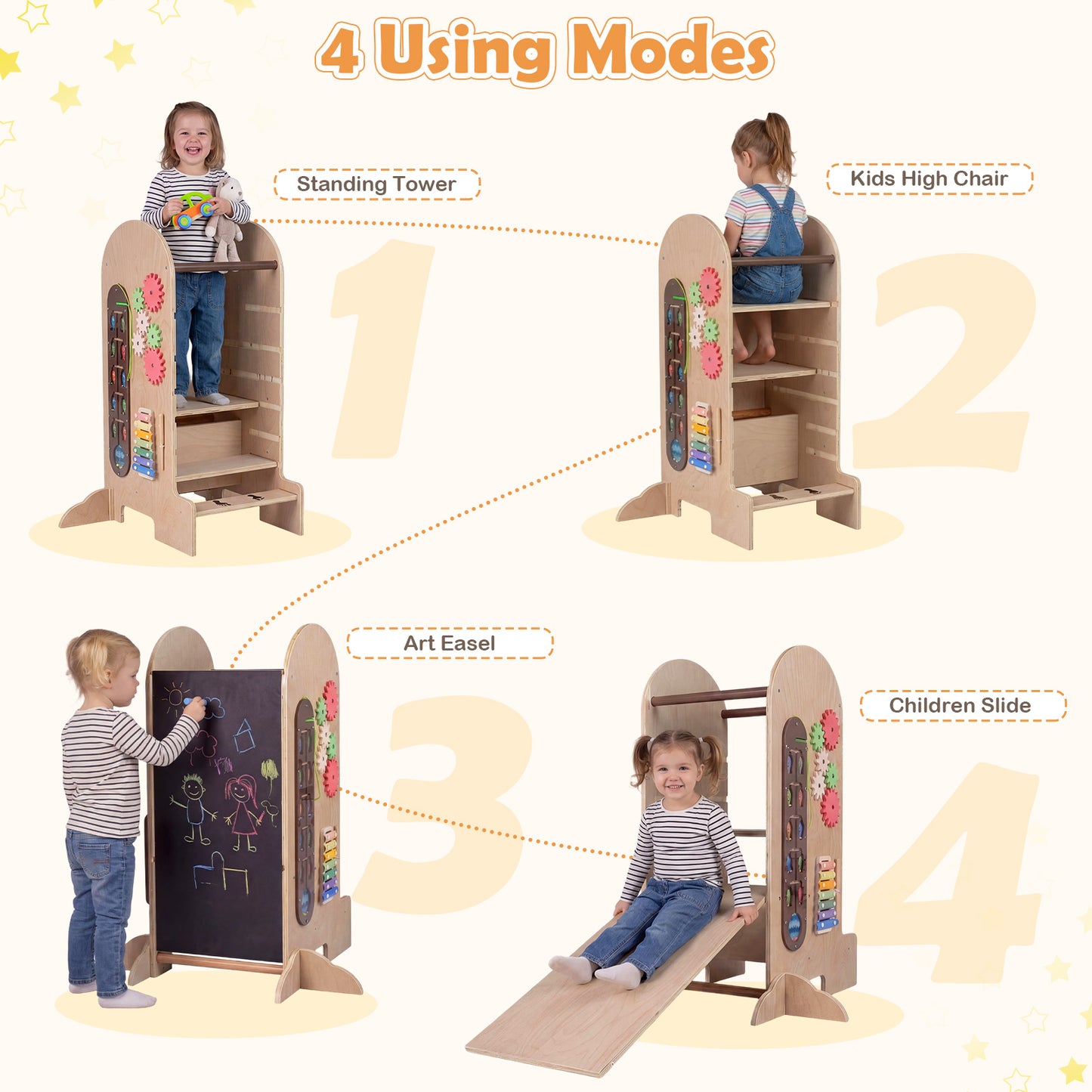 4-in-1 Kids Learning Tower | Chalkboard Slide & Natural Wood