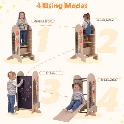 4-in-1 Kids Learning Tower | Chalkboard Slide & Natural Wood
