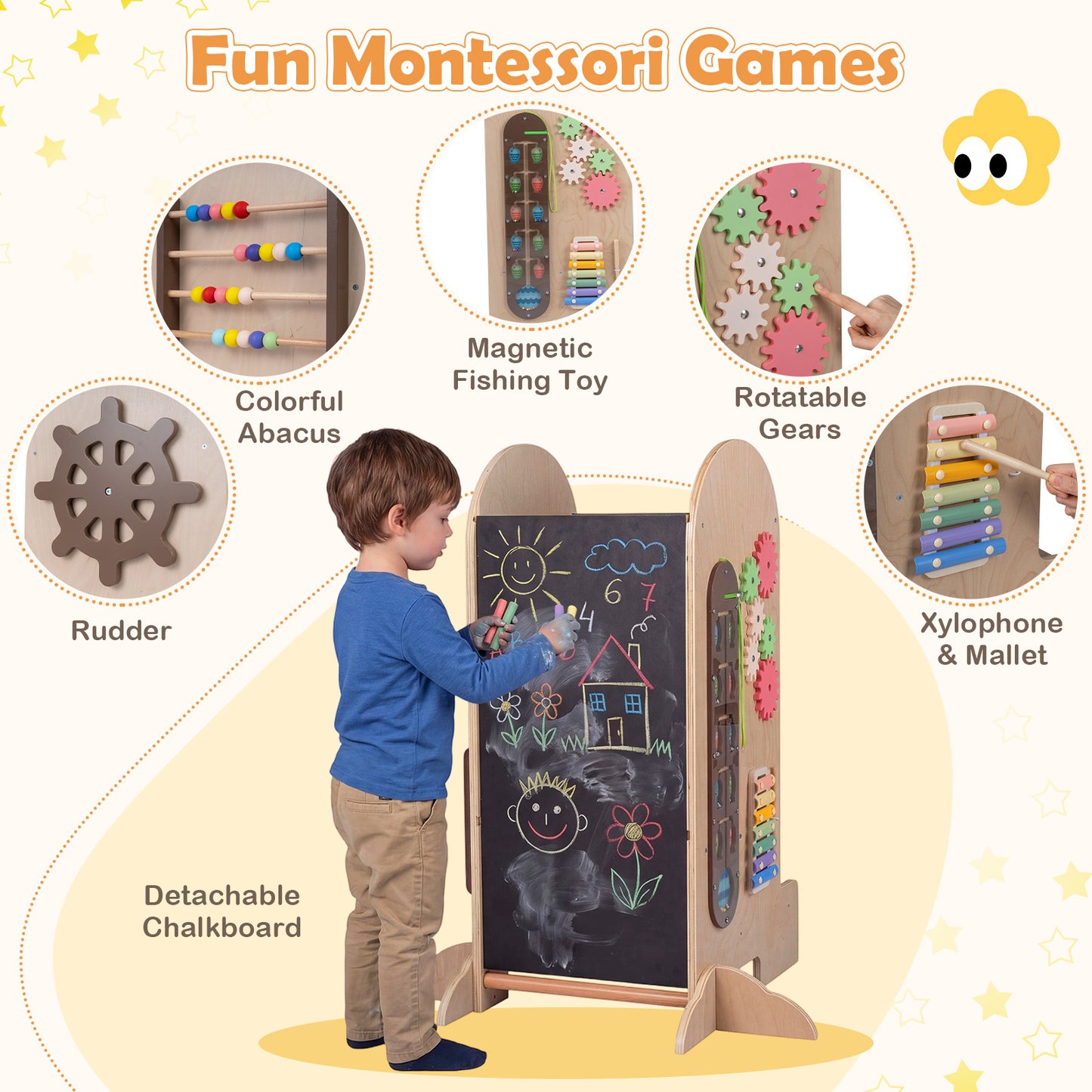 4-in-1 Kids Learning Tower | Chalkboard Slide & Natural Wood