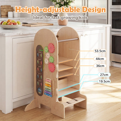 4-in-1 Kids Learning Tower | Chalkboard Slide & Natural Wood