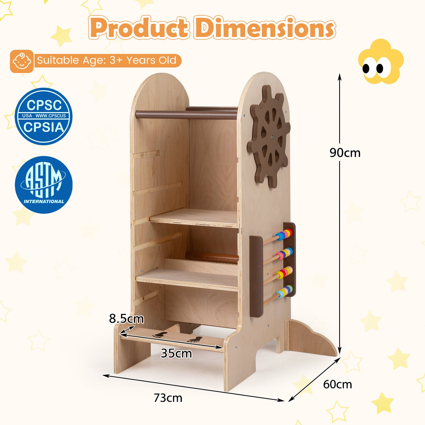 4-in-1 Kids Learning Tower | Chalkboard Slide & Natural Wood