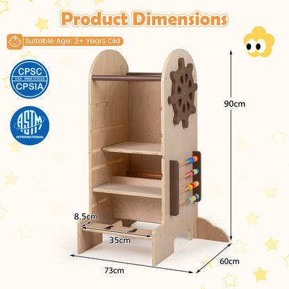 4-in-1 Kids Learning Tower | Chalkboard Slide & Natural Wood