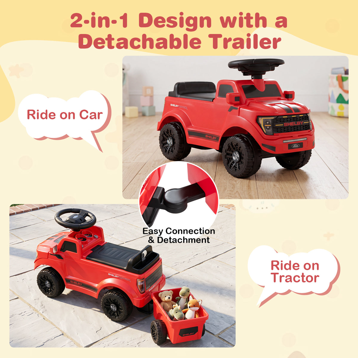 Red Ford Shelby F-150 Raptor Kids Ride On Car with Trailer