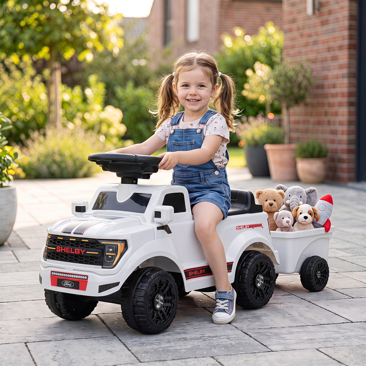 Costway Licensed Ford Kids Ride On Push Car with Detachable Trailer-White