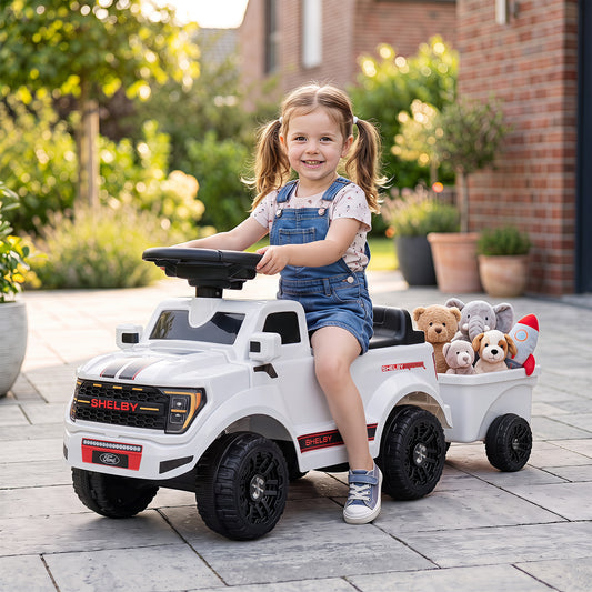 Costway Licensed Ford Kids Ride On Push Car with Detachable Trailer-White