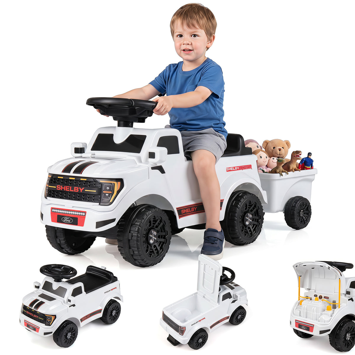 White Ford Shelby F-150 Raptor Kids Ride On Car With Trailer