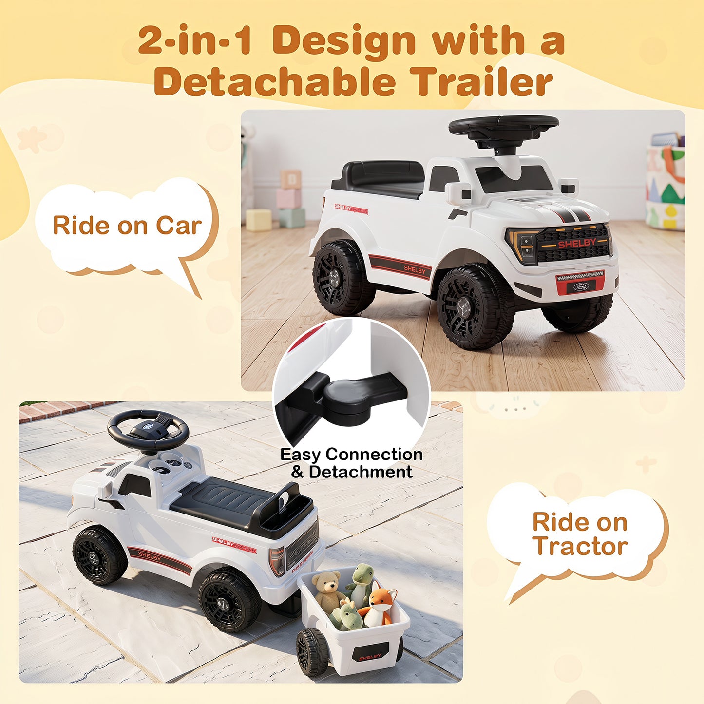 White Ford Shelby F-150 Raptor Kids Ride On Car With Trailer