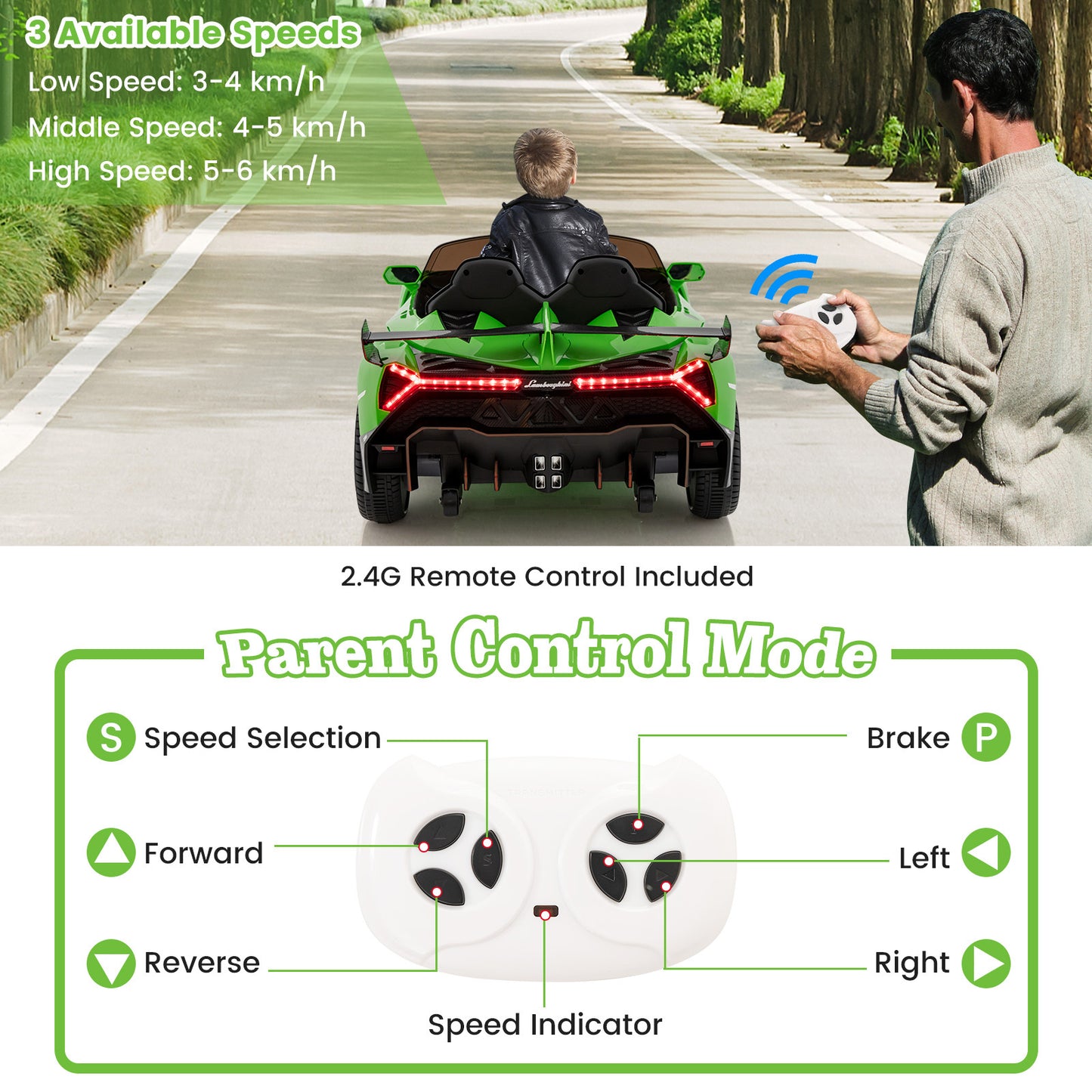 Green Licensed Lamborghini Kids Ride-On Car | 12V 4WD