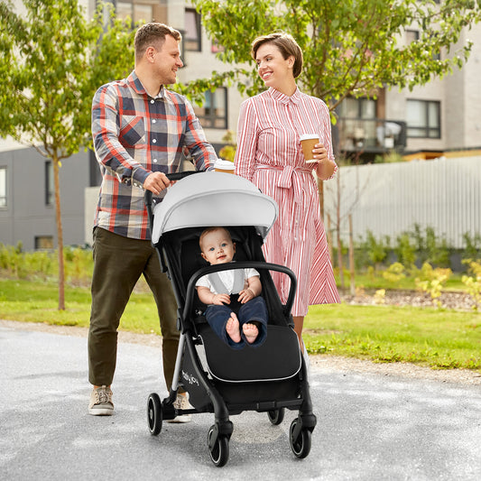 Costway Lightweight Baby Stroller with One-Hand Fold and Canopy for 6-36 Months-Grey