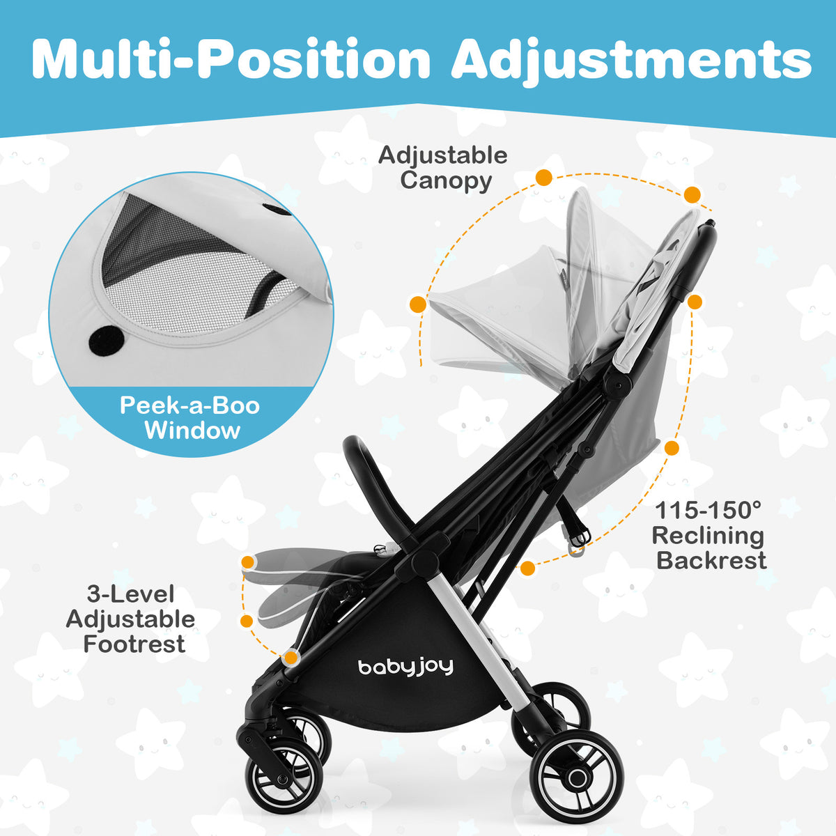 Grey Baby Stroller | One-Hand Fold Canopy Lightweight Travel