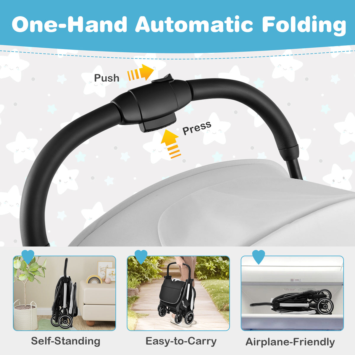Grey Baby Stroller | One-Hand Fold Canopy Lightweight Travel