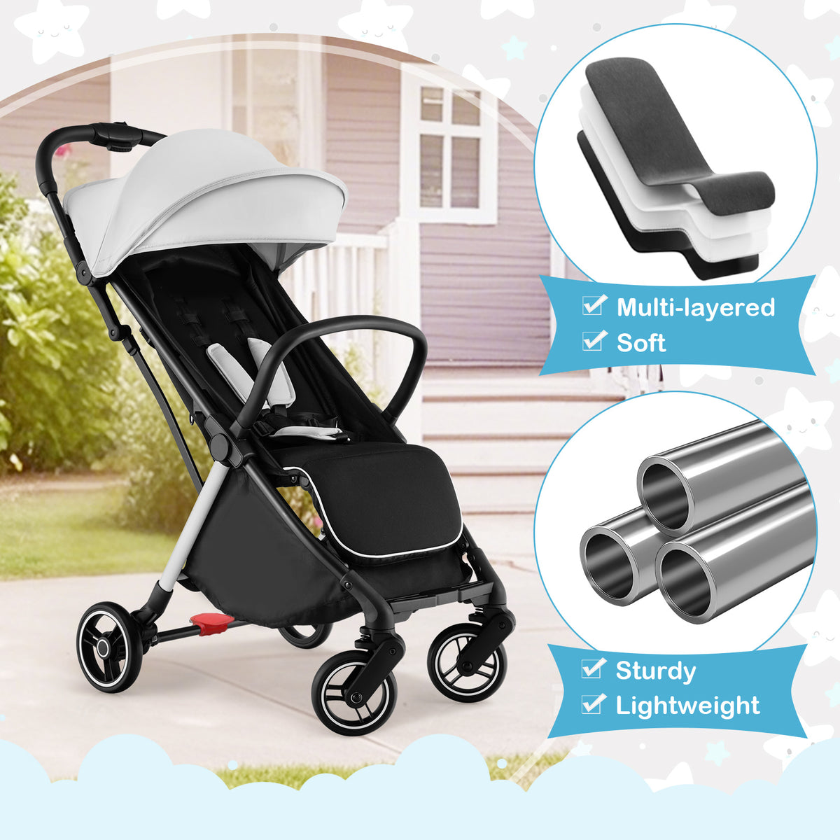 Grey Baby Stroller | One-Hand Fold Canopy Lightweight Travel