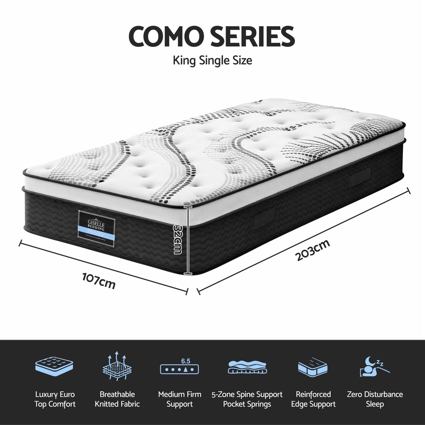 Giselle Bedding Como Euro Top Pocket Spring Mattress 32cm Thick King Single