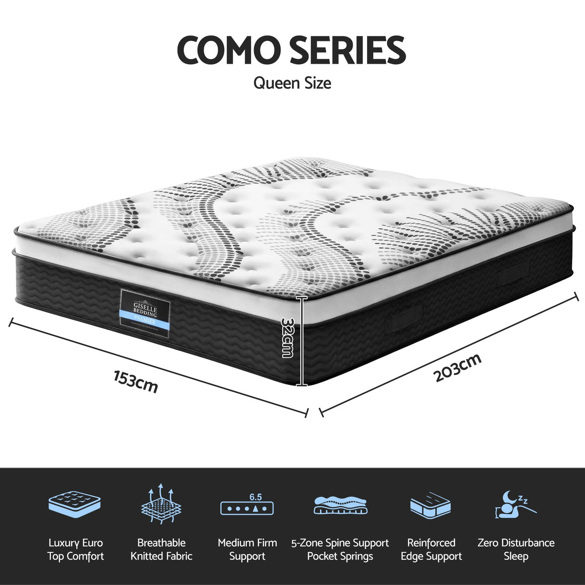 Giselle Bedding Como Euro Top Pocket Spring Mattress 32cm Thick Queen