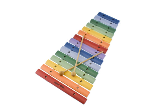 Xylophone delivers melodic tunes with wooden keys and child-friendly mallets.