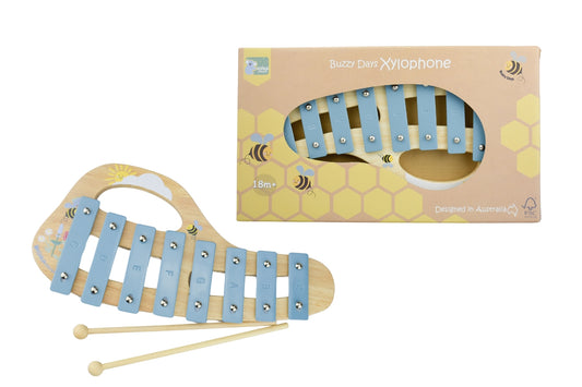 Colorful wooden xylophone with buzzing bee design, ideal for kids musical exploration at home