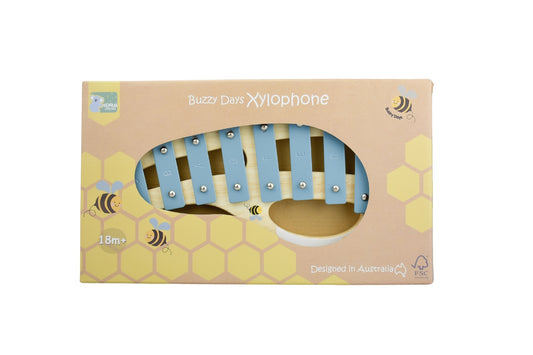 Wooden xylophone in the shape of a buzzy bee, perfect for music loving kids at home.