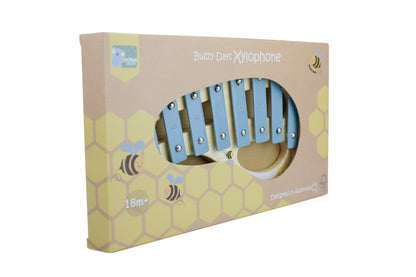 Colorful wooden xylophone with bee shaped mallets for kids musical learning and play at home.