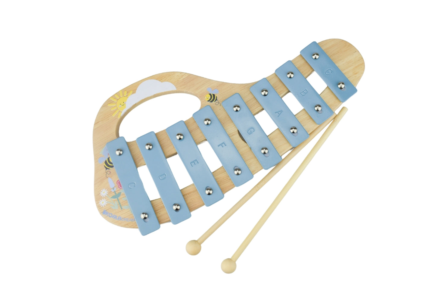 Colorful wooden xylophone with bee motif for kids, ideal for musical play at home.