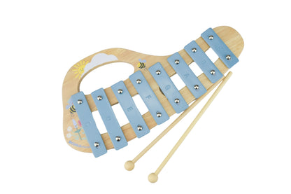 Colorful wooden xylophone with bee motif for kids, ideal for musical play at home.