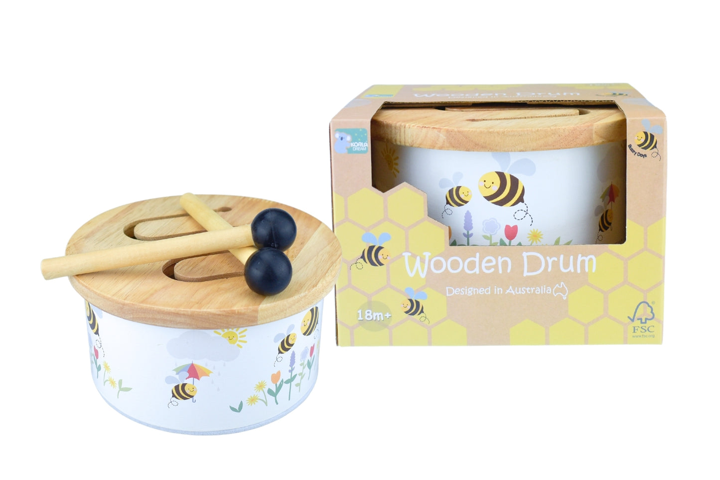 Koala Dream Wooden Drum with Bee Design, a calming toy for kids playtime.