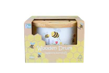 Wooden drum with cute bee design, ideal for childrens play and musical development at home.