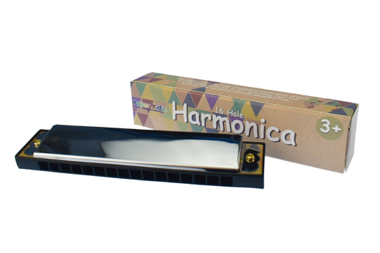 Colorful 16 hole metal harmonica for musical fun, perfect for children aged 3 and up.