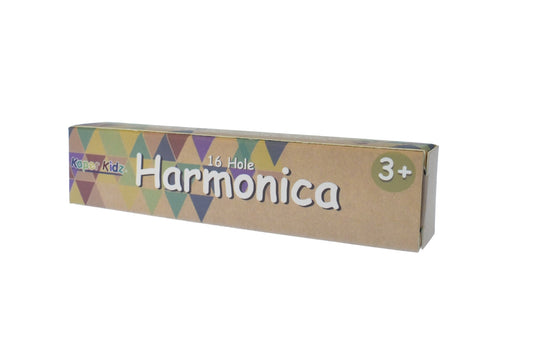 Colorful 16 hole metal harmonica designed for children aged 3 and up, perfect for musical play at home.