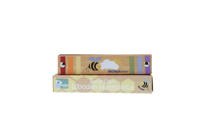 Vibrant wooden bee-shaped harmonica toy encourages musical exploration and fine motor skills development through playful