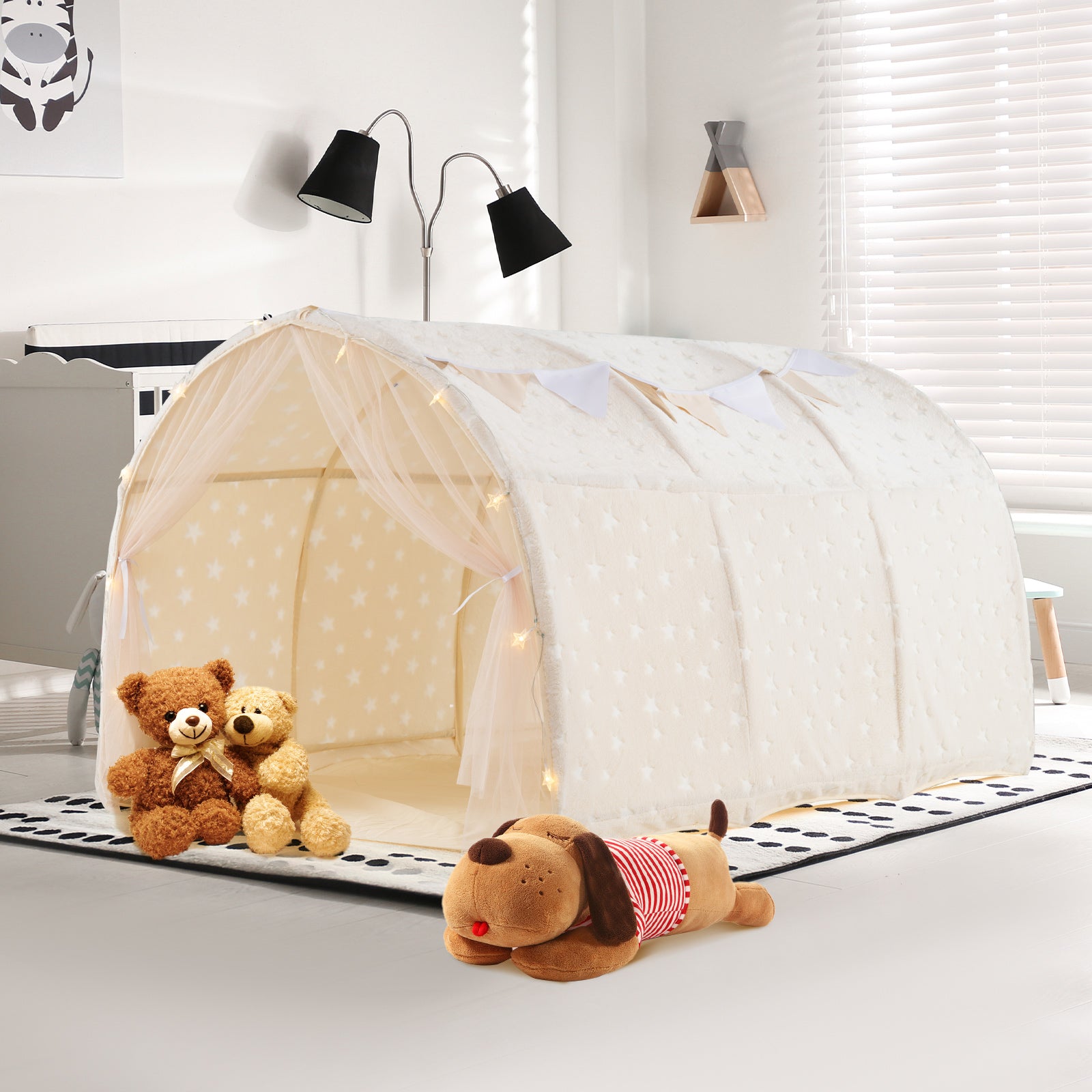 Magical Twin Bunk Bed Privacy Space with Glow in the Dark Stars-Beige