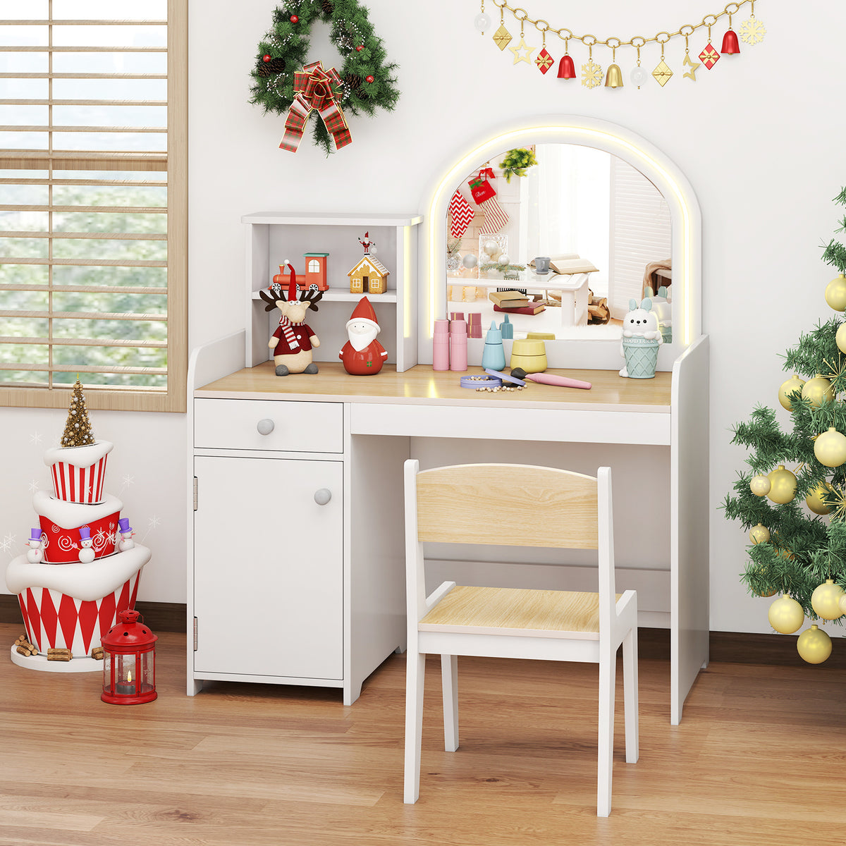 Costway Makeup Table and Chair Set with Acrylic Mirror and 2-Colour LED Lights-Natural