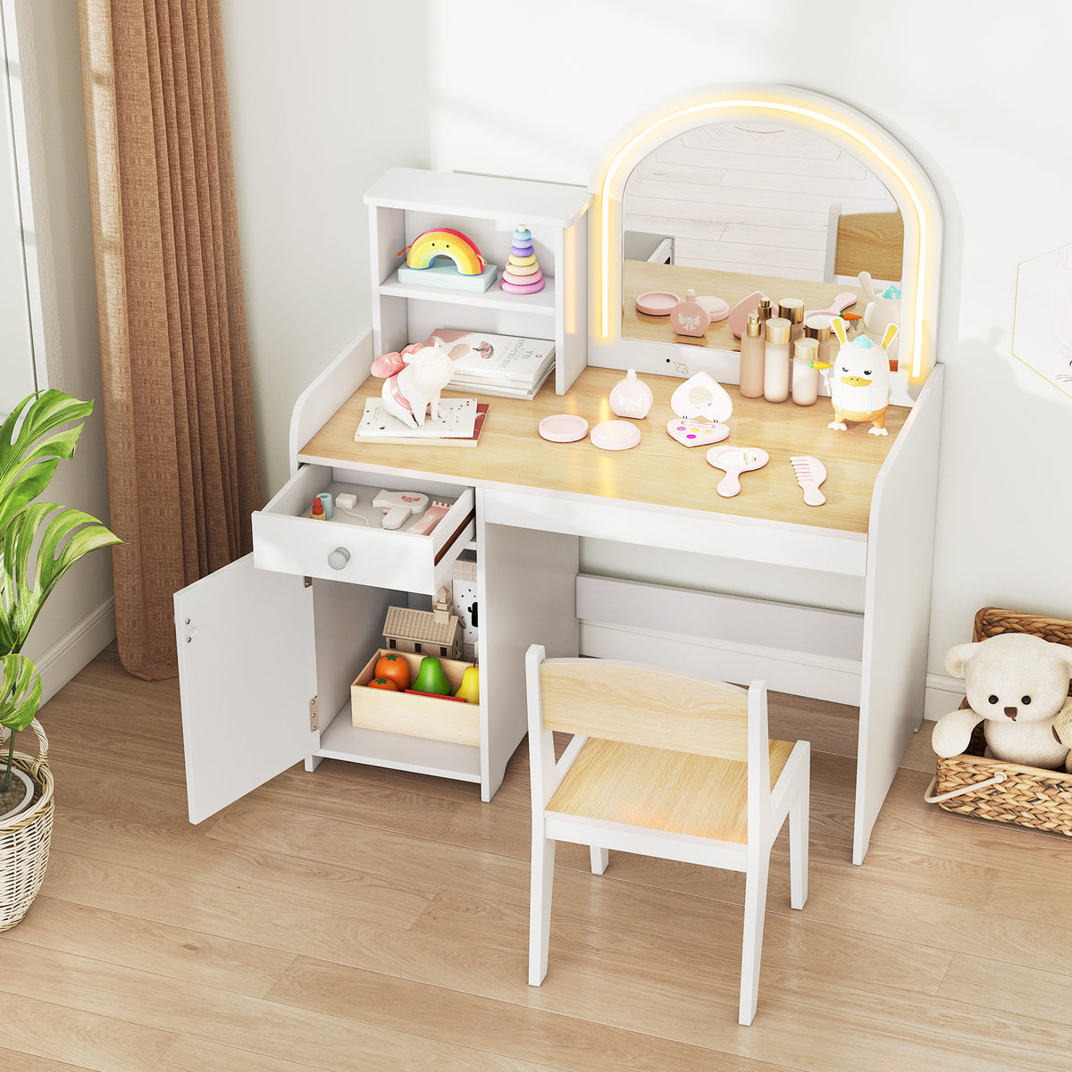 Kids Makeup Vanity Table & Chair Set | Natural 120 LED Lights