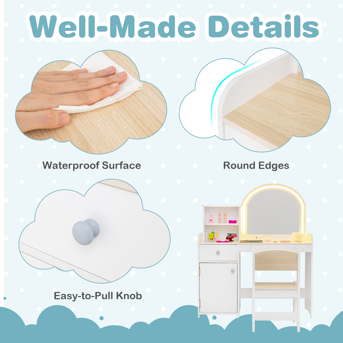 Kids Makeup Vanity Table & Chair Set | Natural 120 LED Lights