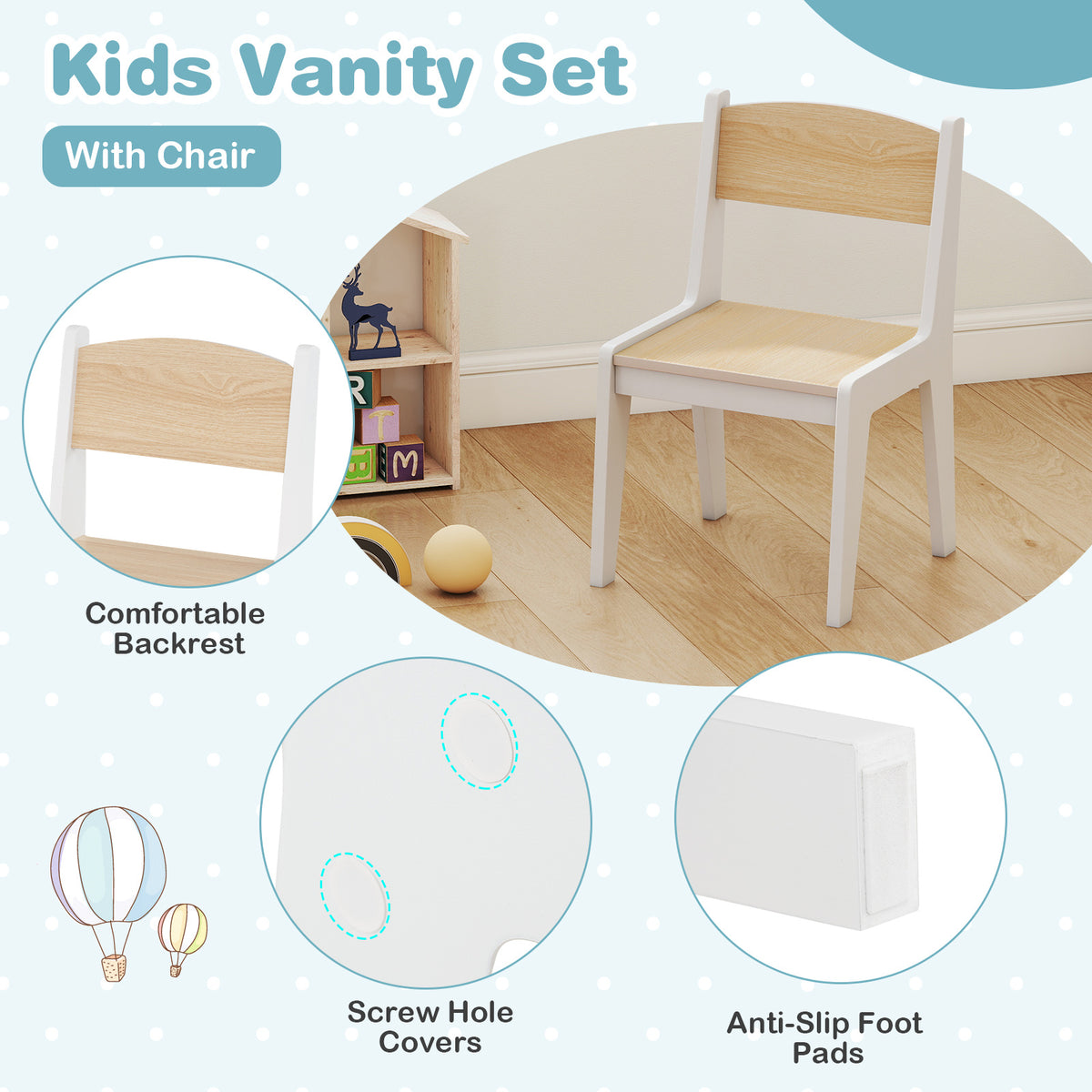 Kids Makeup Vanity Table & Chair Set | Natural 120 LED Lights