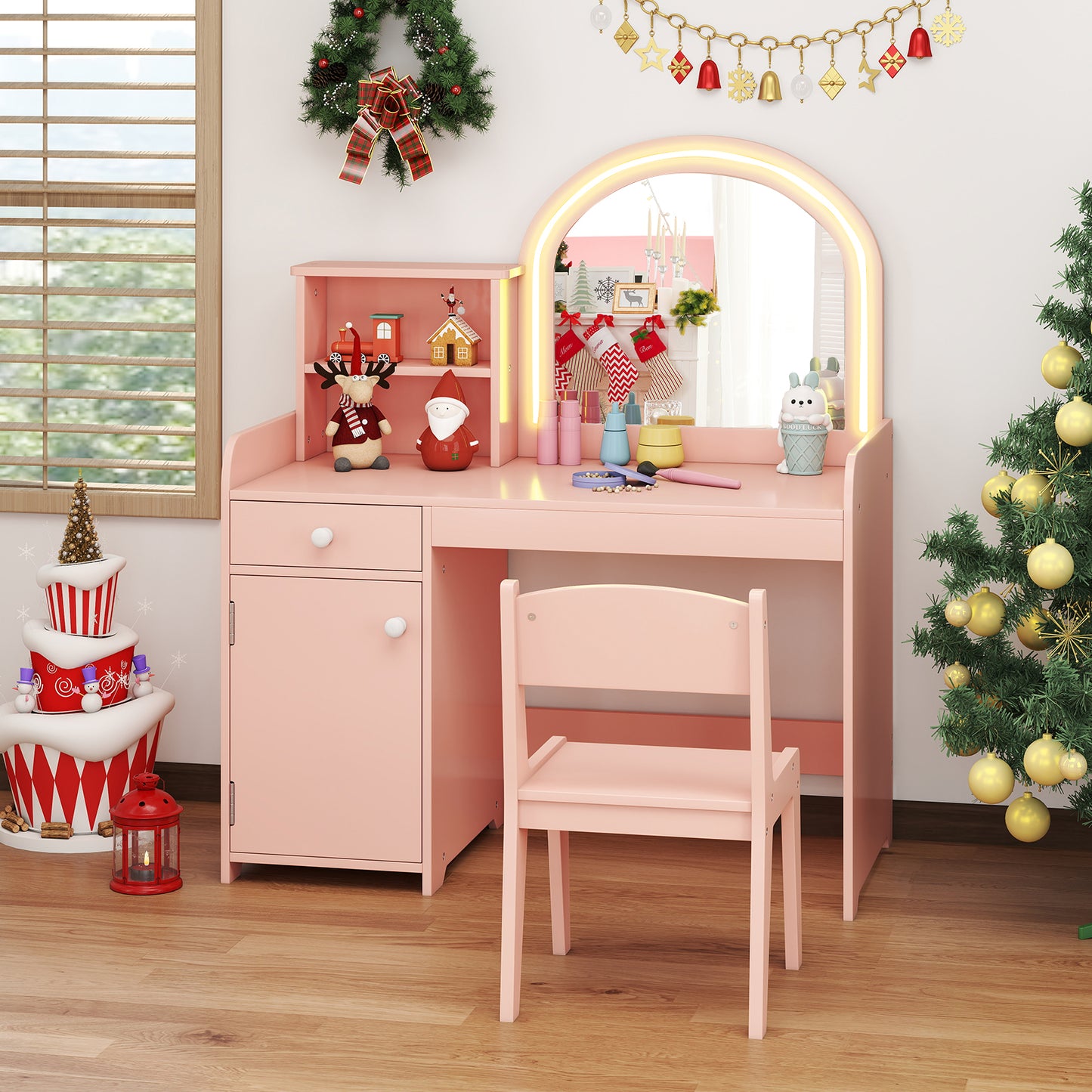 Costway Makeup Table and Chair Set with Acrylic Mirror and 2-Colour LED Lights-Light Pink