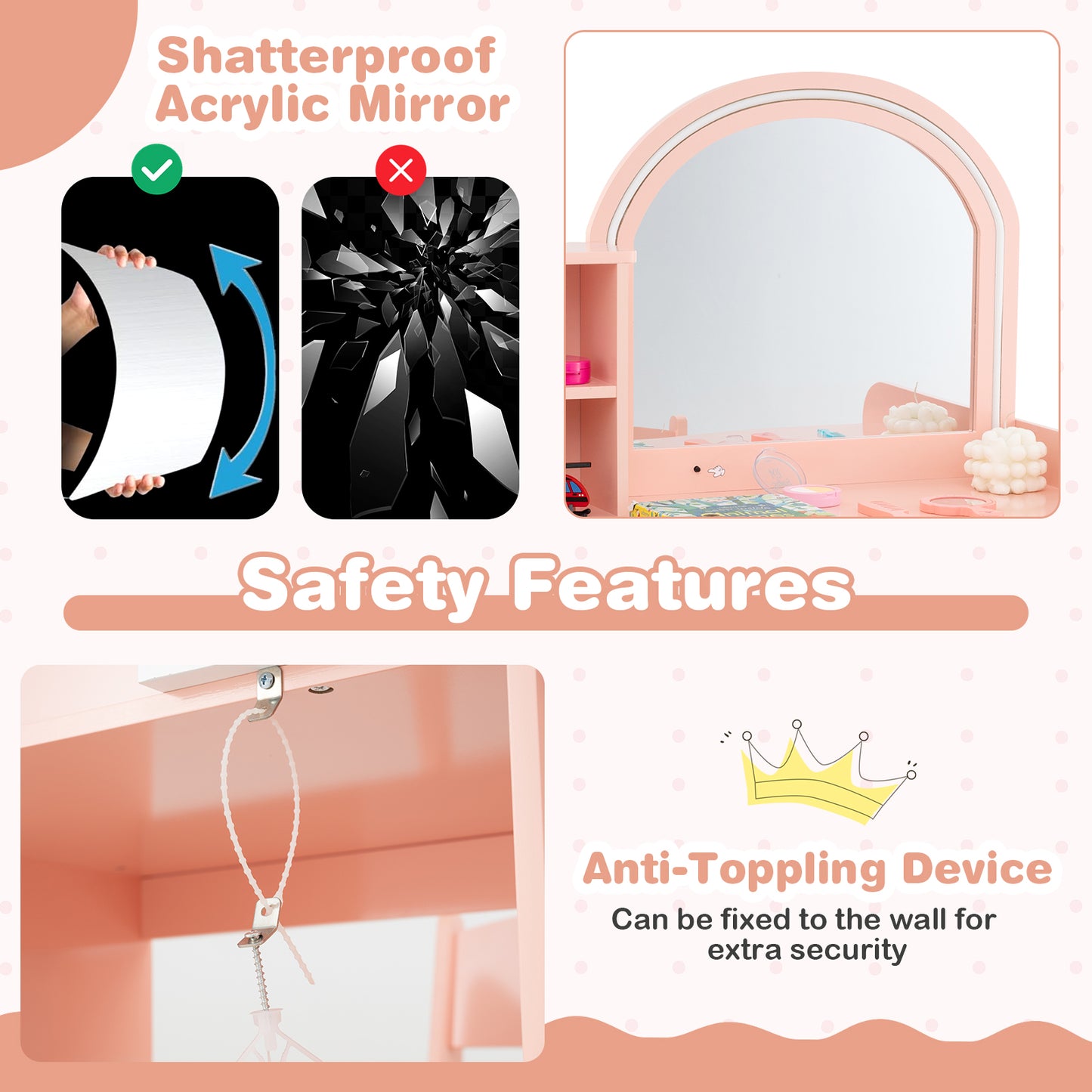 Kids Makeup Vanity Table Chair Set | Light Pink Dual LED Mirror