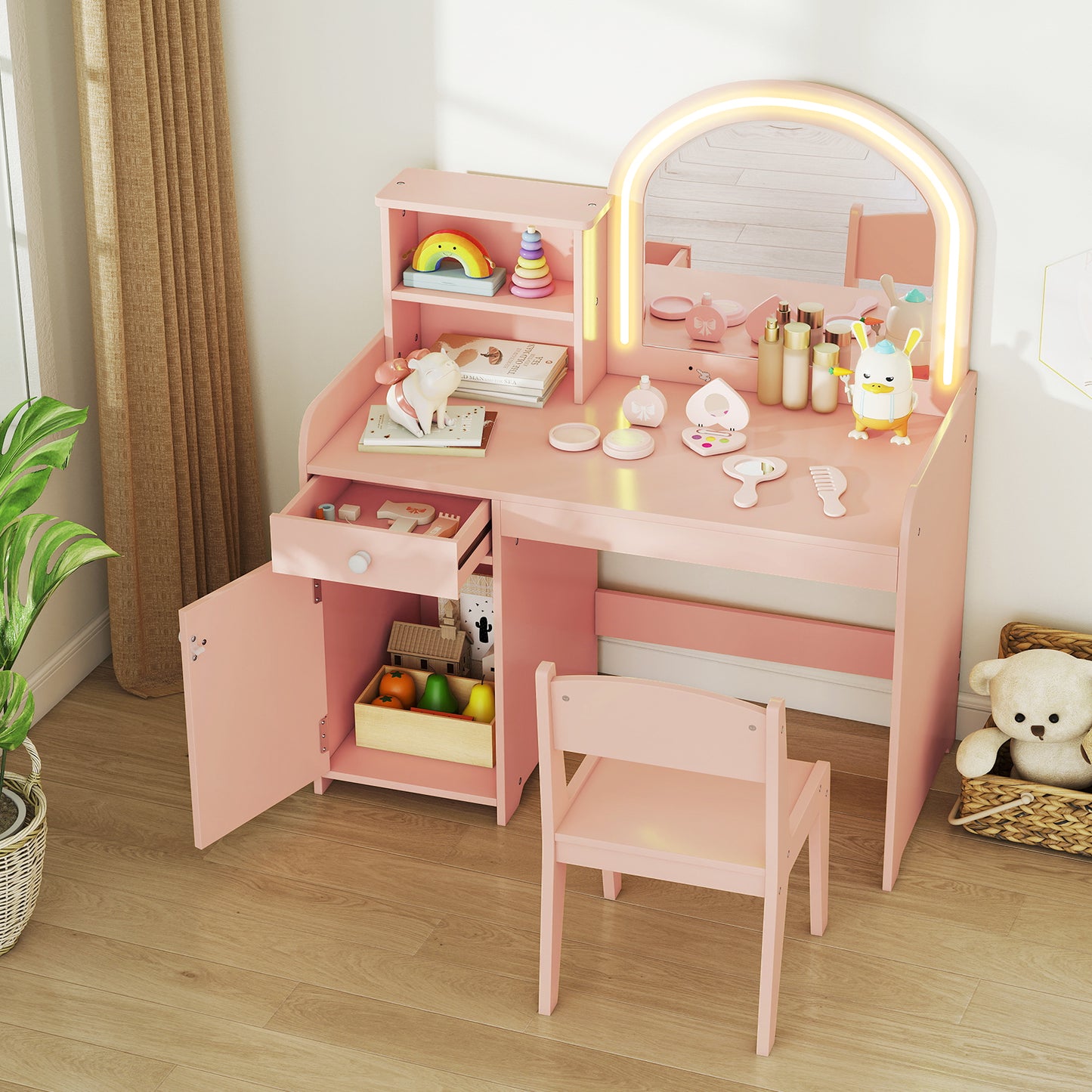 Kids Makeup Vanity Table Chair Set | Light Pink Dual LED Mirror