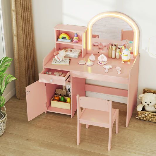 Kids Makeup Vanity Table Chair Set | Light Pink Dual LED Mirror
