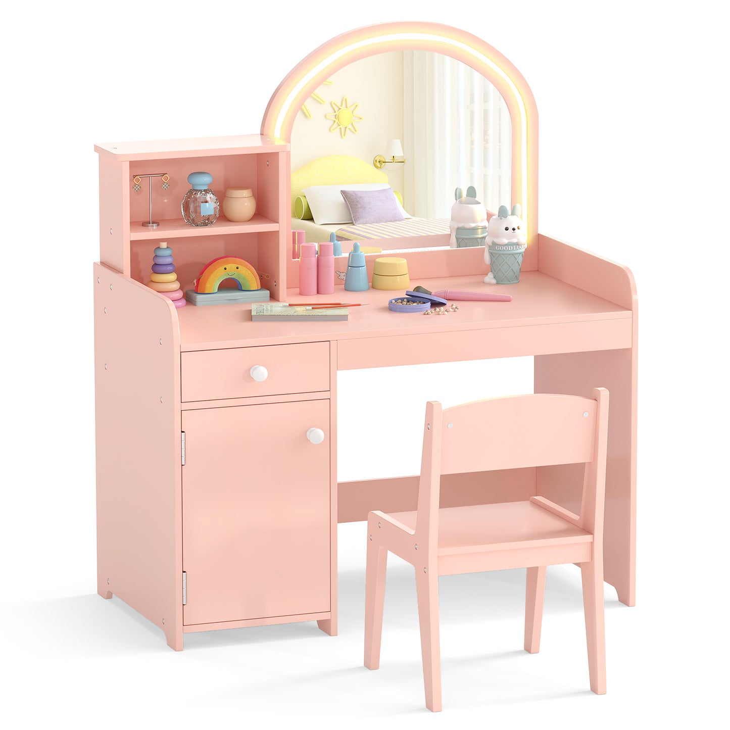 Kids Makeup Vanity Table Chair Set | Light Pink Dual LED Mirror