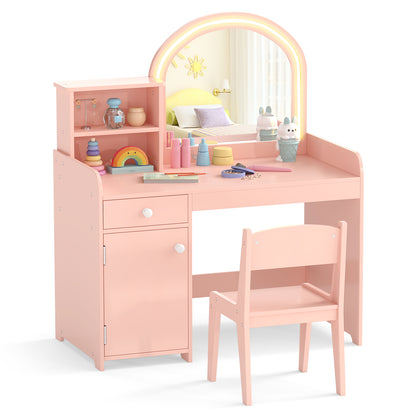 Kids Makeup Vanity Table Chair Set | Light Pink Dual LED Mirror
