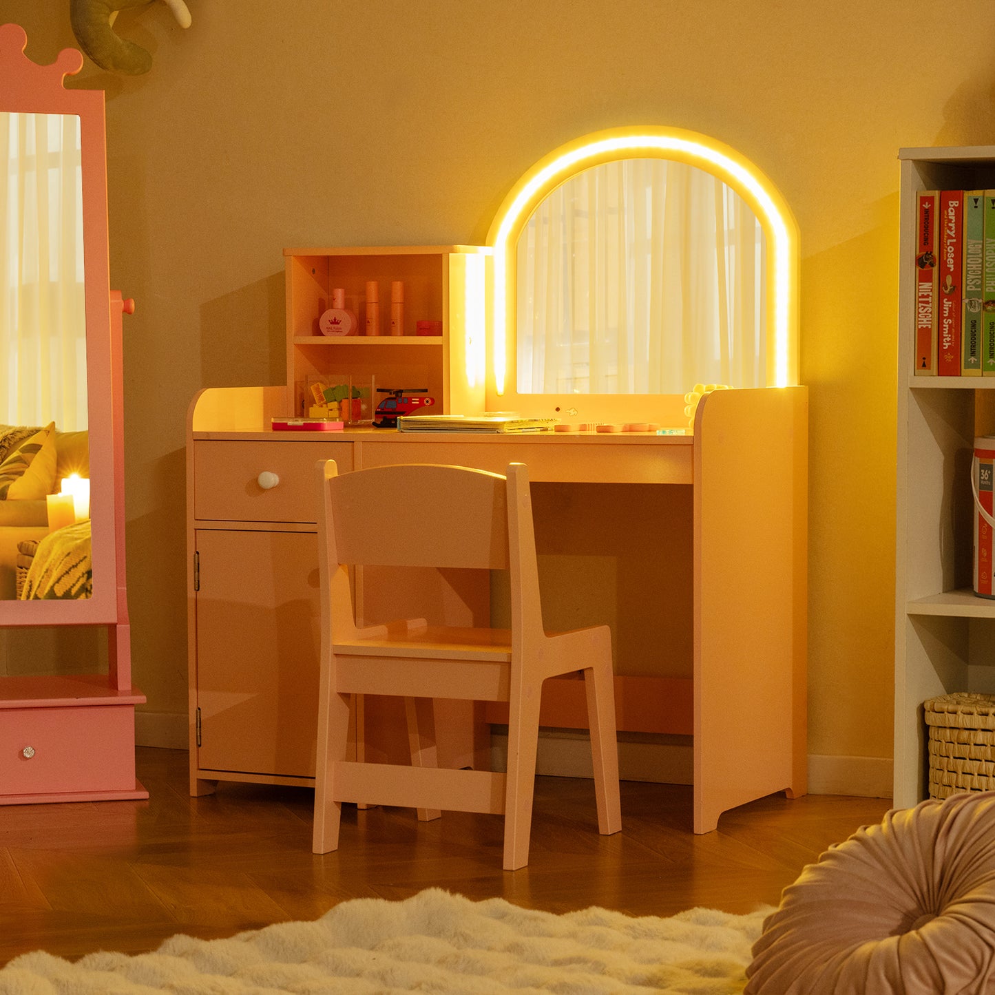 Kids Makeup Vanity Table Chair Set | Light Pink Dual LED Mirror