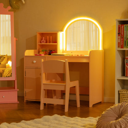 Kids Makeup Vanity Table Chair Set | Light Pink Dual LED Mirror