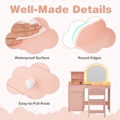 Kids Makeup Vanity Table Chair Set | Light Pink Dual LED Mirror