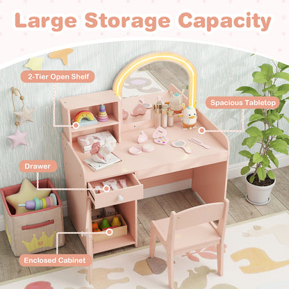 Kids Makeup Vanity Table Chair Set | Light Pink Dual LED Mirror