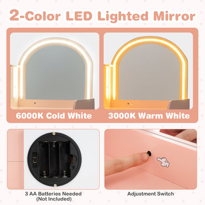 Kids Makeup Vanity Table Chair Set | Light Pink Dual LED Mirror