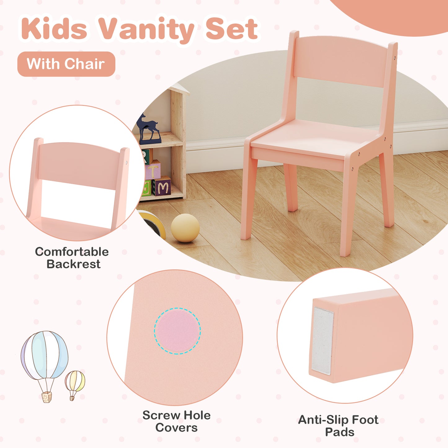 Kids Makeup Vanity Table Chair Set | Light Pink Dual LED Mirror