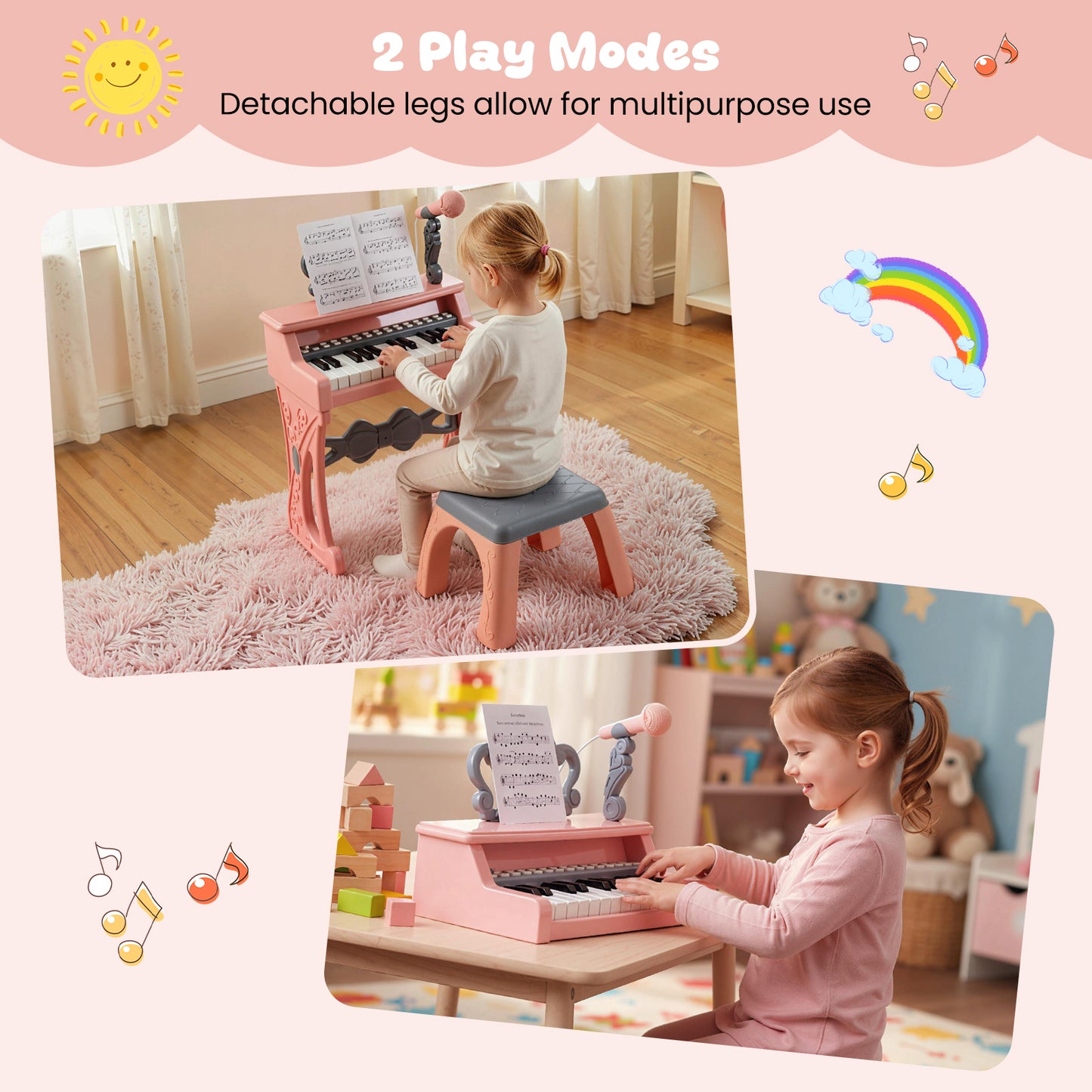 Pink 25 Key Kids Piano | Stool Microphone Stand Music Toy