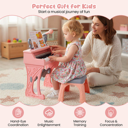 Pink 25 Key Kids Piano | Stool Microphone Stand Music Toy
